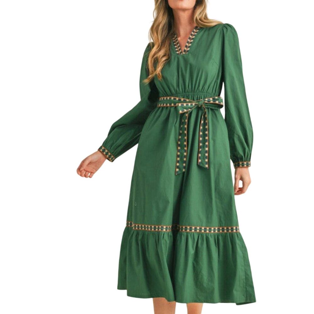 NWT &Merci - Hunter Green Boho Midi Dress | Belted Anthropologie Style Large